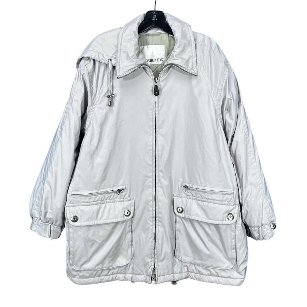 LONDON FOG Women's GRAY Softshell MULTI-POCKET Removable Hood JACKET/COAT Sz L